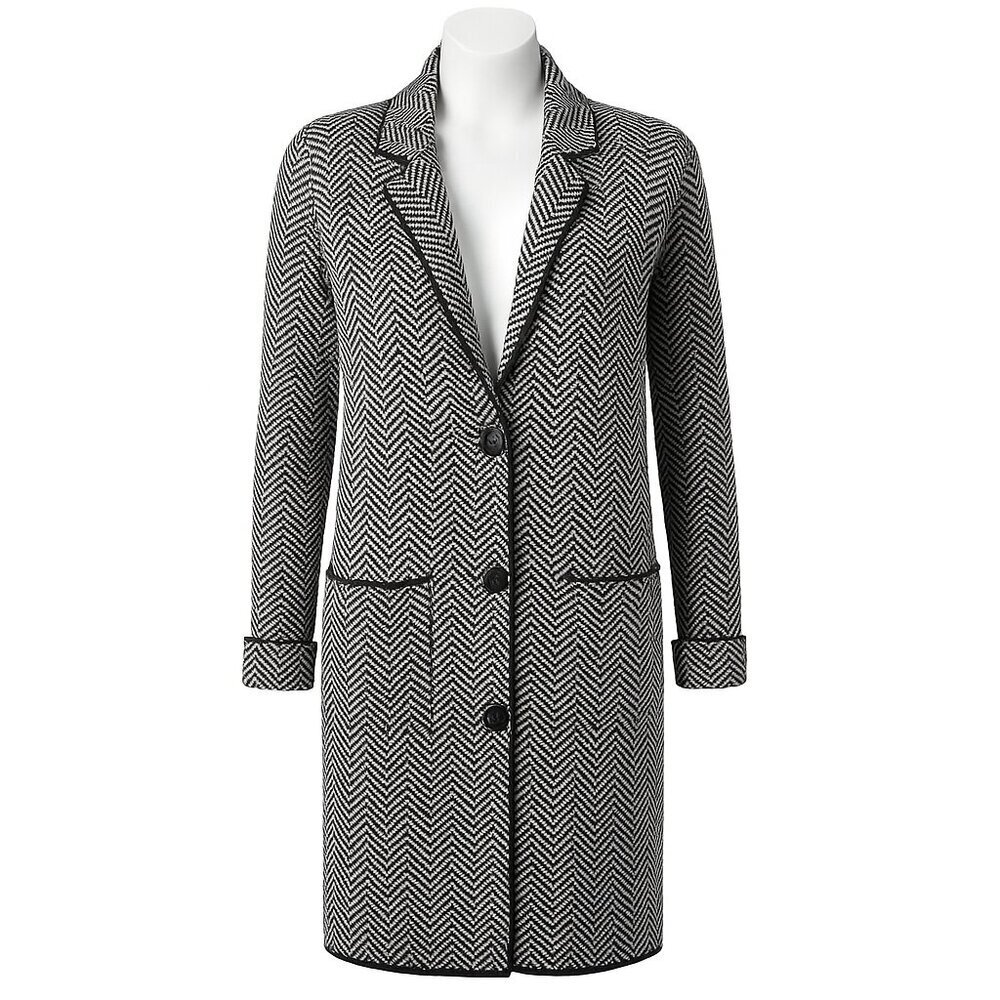 Nine West Chevron Knit Longline Cardigan Sweater Jacket – Black & White Size S